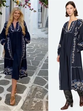 Sea New York Inga Embroidered Floral Navy Blue Long Sleeve Midi Dress Size XS